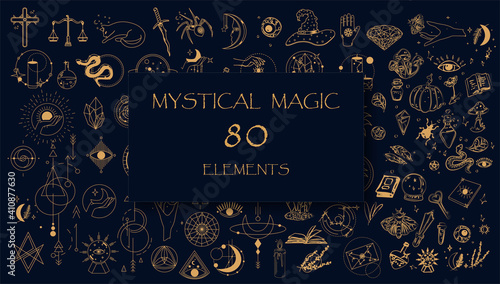 Witch Magic, Mystical and Astrology objects symbols. Doodle esoteric, boho mystical hand drawn elements. Magic and witchcraft, witch esoteric alchemy. Tattoo alchemy and esoteric. Minimalistic objects photo