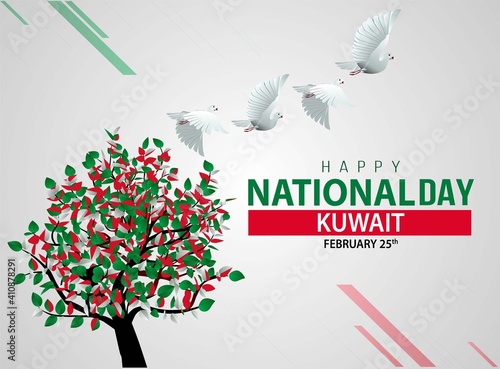 happy national day Kuwait pigeon flying with colorful Kuwait flag tree. vector illustration design