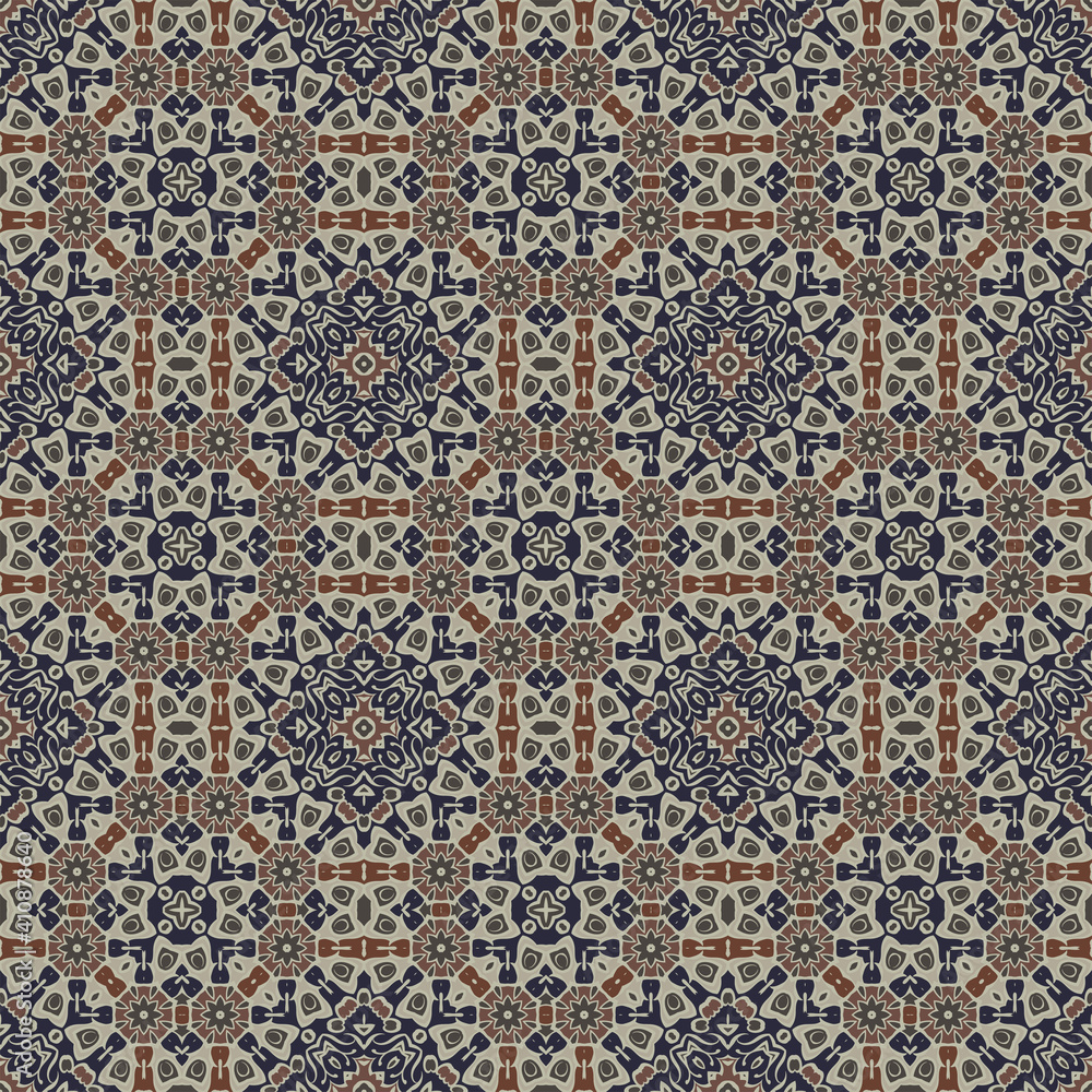 Creative color abstract geometric seamless mandala pattern in beige brown blue , can be used for printing onto fabric, interior, design, textile, carpet, pillow. Home decor, interior design.
