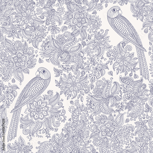 Vector floral seamless pattern. Exotic bird with fairy tale flowers, leaves. Dark blue parrot contour line on a light beige  background. Coloring book page for adults and children. Batik paint