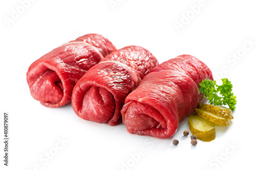 Raw beef roulades isolated on white