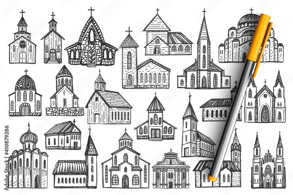 Buildings doodle set. Collection of chalk pencil hand drawn of european culture architecture and national temples castles on white background. Europe country traditional landmarks illustration.
