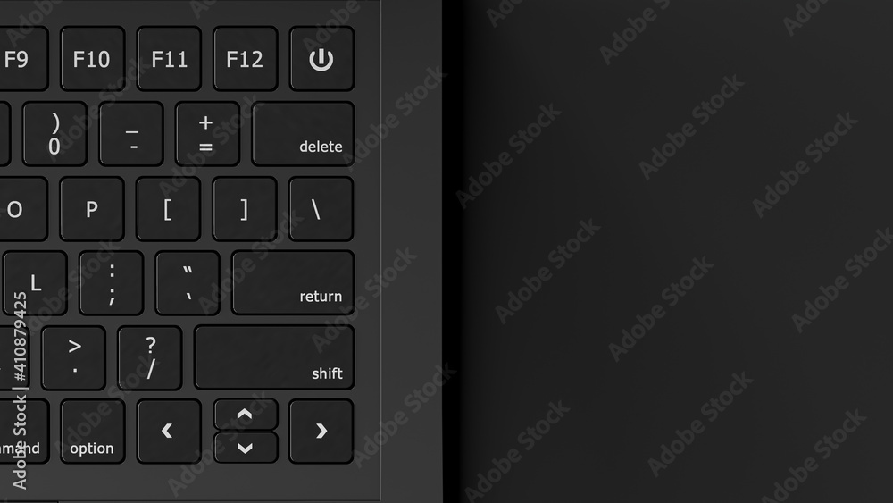 Black laptop keyboard on office desk and copy space for your text. 3D Render. Black laptop keyboard on office desk and copy space for your text. 3D Render.