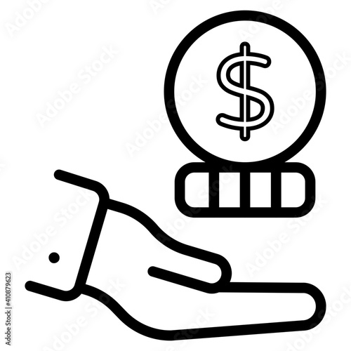 Dollar coin on hand, concept of offer money icon