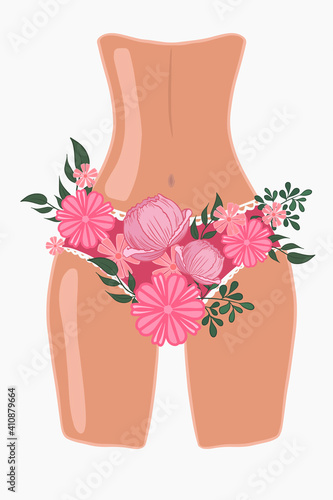 Part of a female body in panties made of flowers. The concept of women's health, beauty, femininity. vector illustration
