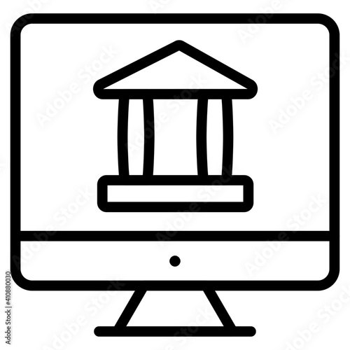 Bank building inside laptop, online banking icon