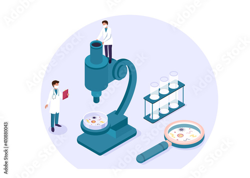 Isometric scientific laboratory experiment research chemical pharmaceutical concept. Scientists, laboratory, research, science.