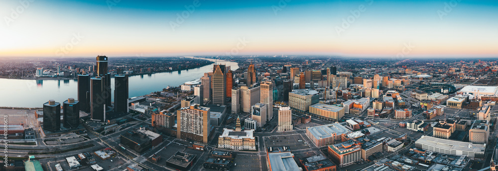 Detroit City Panorama with Windsor Canada