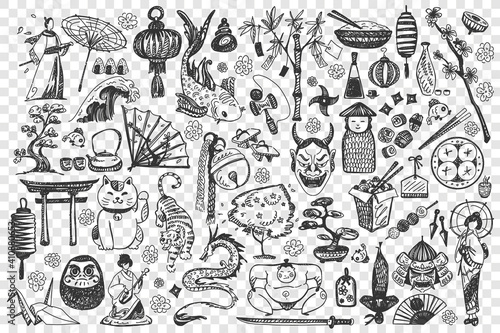 China doodle set. Collection of chalk pencil hand drawn sketches templates of chinese culture architecture and national cuisine on transparent background. Eastern asian country tratidions illustration