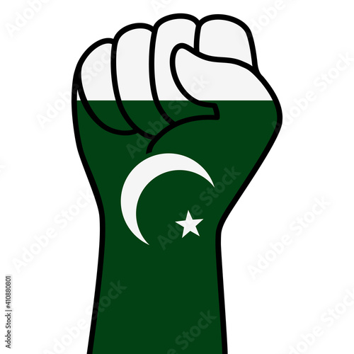 Raised fist pakistan flag. Pakistani hand. Fist shape pakistan flag color. Patriotic demonstration, rebel, protest, fighting for human rights, freedom. Vector flat icon, symbol for web banner, posts