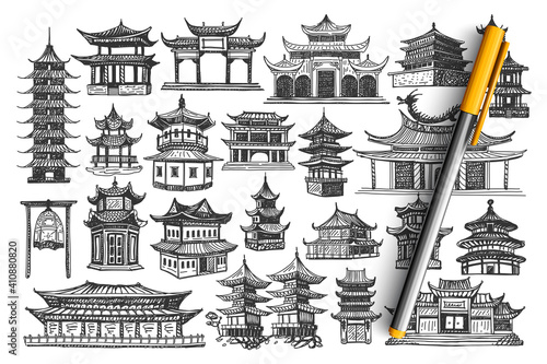 China buildings doodle set. Collection of chalk pencil hand drawn of chinese culture architecture and national temples castles on white background. Eastern asian country traditiion landmarks.