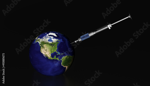 3D rendering of a syringe injecting the planet earth as a vaccine for climate change, viruses