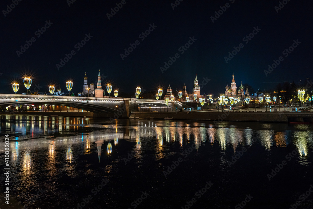 Night panorama of Moscow. View of the Moscow Kremlin from the river