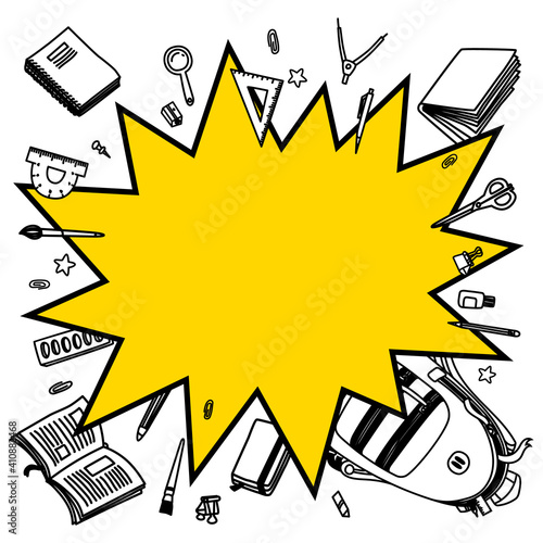 Back to school vector background. Cartoon comics empty bang speech bubble with line sketchy stationery.