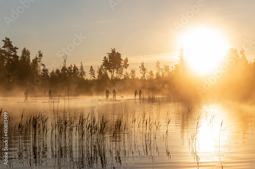 Amazing panoramic view of group of people doing SUP stand up paddle boarding at sunrise in lake. Early summer morning activity © Uldis Laganovskis
