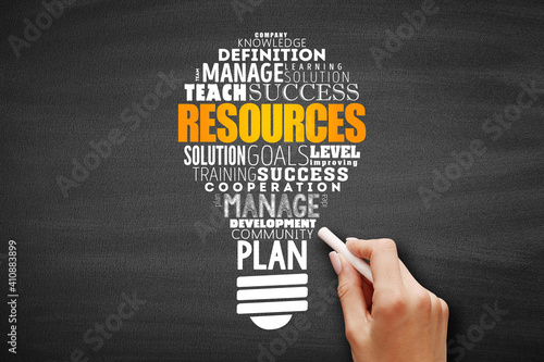 RESOURCES light bulb word cloud collage, business concept background