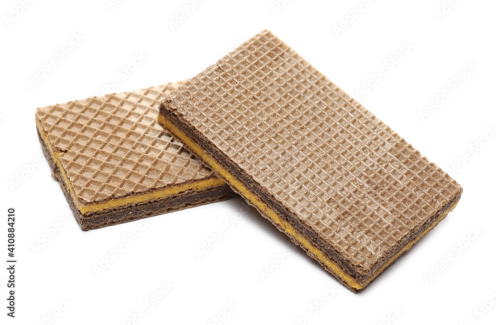 Wafer bars filled with cocoa and orange cream isolated on white background Wafer bars filled with cocoa and orange cream isolated on white background