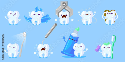Cartoon tooth care set. Happy funny tooth with toothbrush, paste, floss, sad molar with cavity or dental tool. Vector illustration for dental care, dentist visiting, hygiene concept