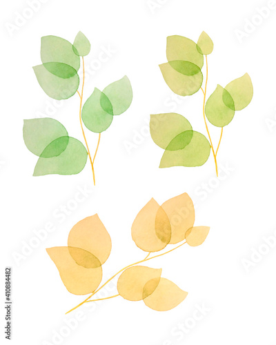 Set of branches with watercolor leaves, spring or autumn leaves, isolated elements, for background, banner, postcard. Vector illustration