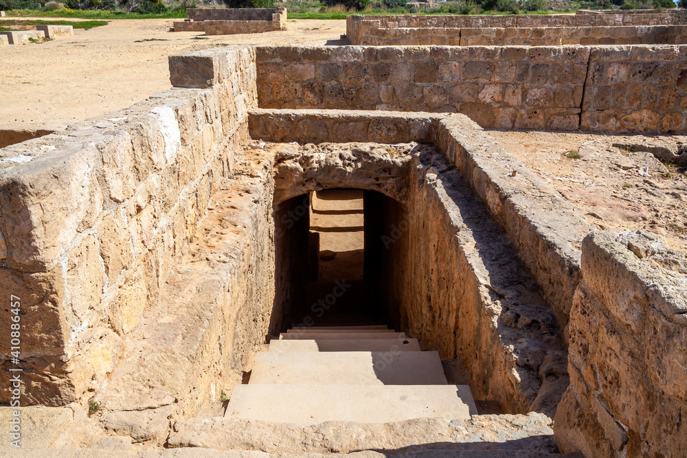 Tombs of the Kings near  Paphos Cyprus a 4th century BC necropolis, of burial chambers of the Roman Hellenic which is a popular tourist travel destination attraction landmark, stock photo image