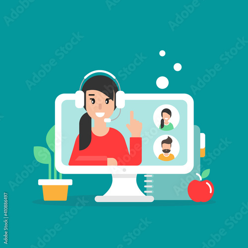 Webinar, online class, remote team work concept. Learn and study via teleconference or video course.
