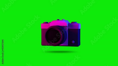 Close up 3d vintage camera mock up turning between right and left side animation, neon blue and purple light, seamless looping, green screen background.