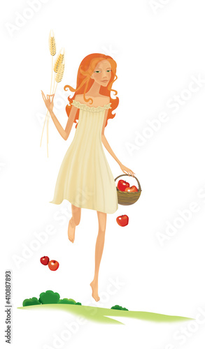 Fotografija Blonde villager with a basket of apples and ears of wheat in her hands