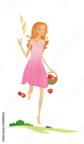Blonde villager with a basket of apples and ears of wheat in her hands. Harvesting. Illustration isolated on white background