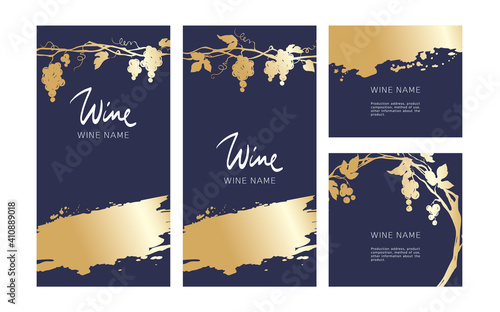 Collection labels for wine. Vector illustration, set of navy blue backgrounds with grapes and gold strokes.