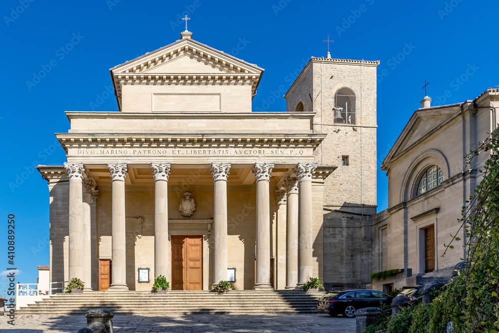 The facade of the basilica of San Marino, the main church of the Republic of San Marino, on a sunny day