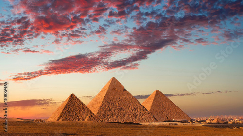 Sunset at the Pyramids, Giza, Cairo, Egypt.	