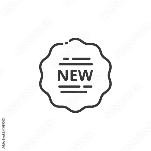 Shopping label with text new thin line icon. Promotion tag. Outline commerce vector illustration