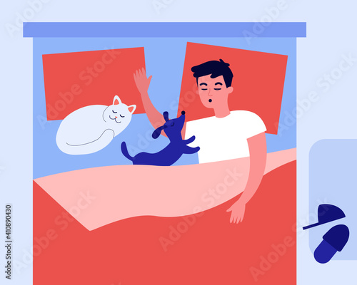 Man sleeping in bed with lovely pets. Cat, dog, pillow flat vector illustration. Domestic animals and lifestyle concept for banner, website design or landing web page