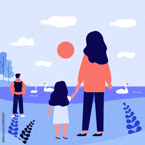 Back view of people looking at lake. Swan, nature, sun flat vector illustration. Holiday and landscape concept for banner, website design or landing web page