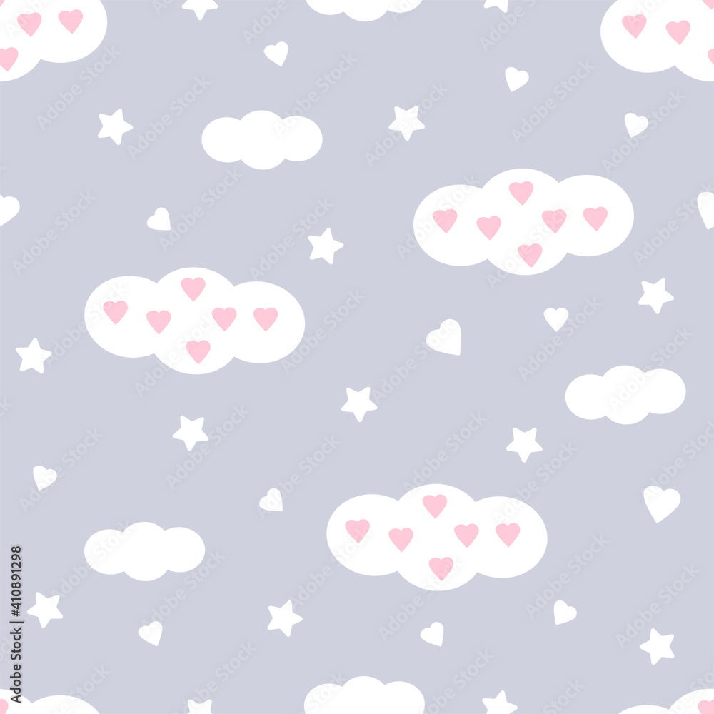 Clouds seamless pattern. Hearts and stars. Cute kids design.