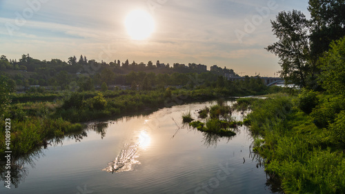 view of Bow river floing inside Calgary, Alberta, Canada