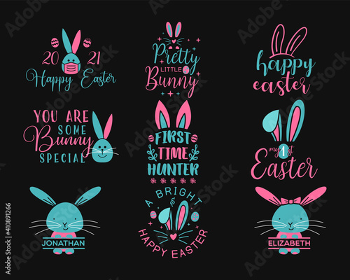 Happy Easter badges set designs with Easter symbols and elements - rabbits, bunnies in mask against coronavirus, eggs. Funny Stock vector typography label isolated