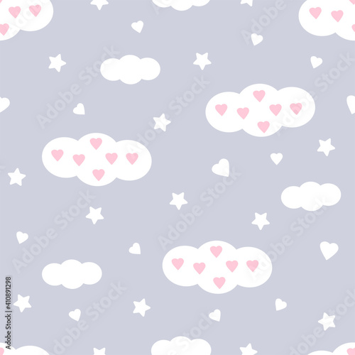 Clouds seamless pattern. Hearts and stars. Cute kids design.
