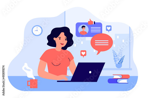 Happy woman chatting or dating with boyfriend online flat vector illustration. Cartoon young lady searching for romantic partner on internet. Relationship and computer service concept