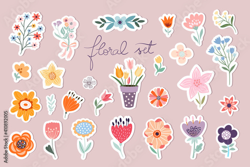 Springtime stickers, magnets collection with decorative floral design