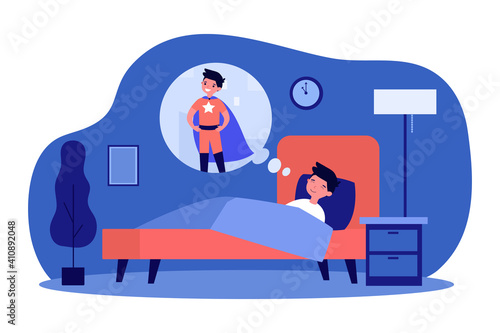 Little boy sleeping and dreaming about super power. Bed, cape, strength flat illustration. Childhood and imagination concept for banner, website design or landing web page