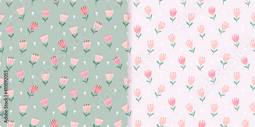 Floral seamless patterns set with small tulips on different backgrounds