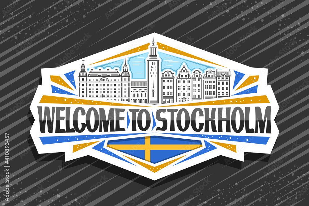 Vector logo for Stockholm, white decorative tag with line illustration of stockholm city scape on day sky background, art design fridge magnet with unique letters for black words welcome to stockholm.