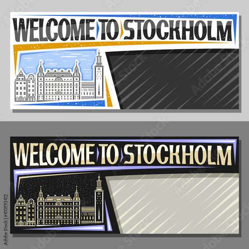 Vector layouts for Stockholm with copy space, decorative voucher with line illustration of stockholm city scape on day and dusk sky background, art design tourist coupon with word welcome to stockholm