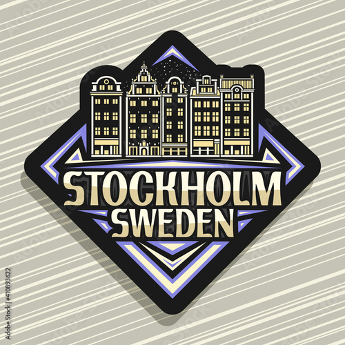 Vector logo for Stockholm, black rhombus road sign with outline illustration of stockholm city scape on dusk sky background, decorative fridge magnet with unique lettering for words stockholm, sweden.