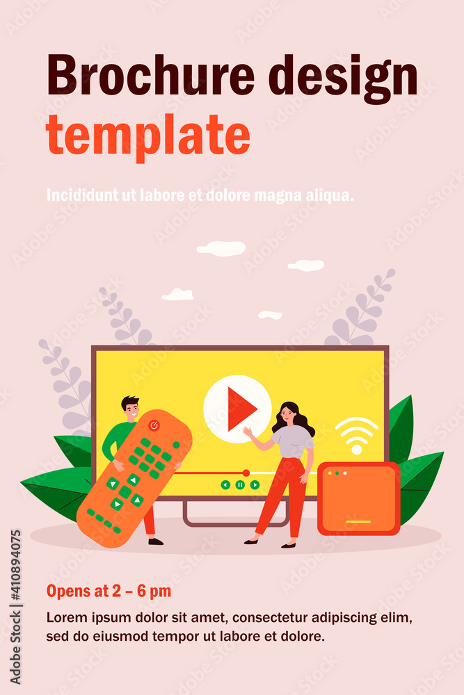 Happy people using remote control and smart tv box for watching video. Media player interface on huge monitor. Vector illustration for internet, entertainment, watching movie concept