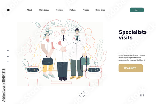 Medical insurance -specialists visit -modern flat vector concept digital illustration - medical specialists standing at the private residence entrance door Home medical service, part of insurance plan