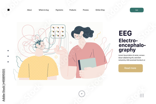 Medical tests illustration - EEG - electroencephalography - modern flat vector concept digital illustration of encephalography procedure - a patient with head electrodes and doctor in medical office