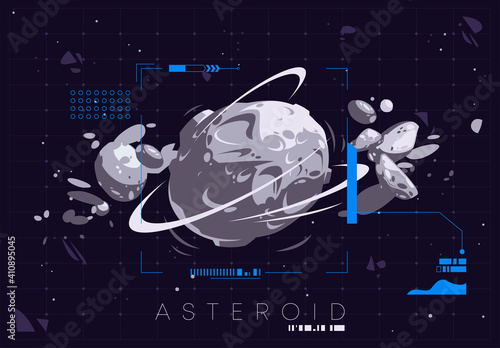 Vector illustration of an asteroid in outer space with technological flat graphic design elements, space objects exploration