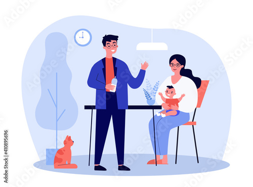 Happy young parents feeding baby at home. Milk, cat, mother flat vector illustration. Parenthood and family concept for banner, website design or landing web page
